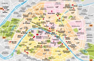 Mappa semplice di Parigi divisa per arrondissements con monumenti principali